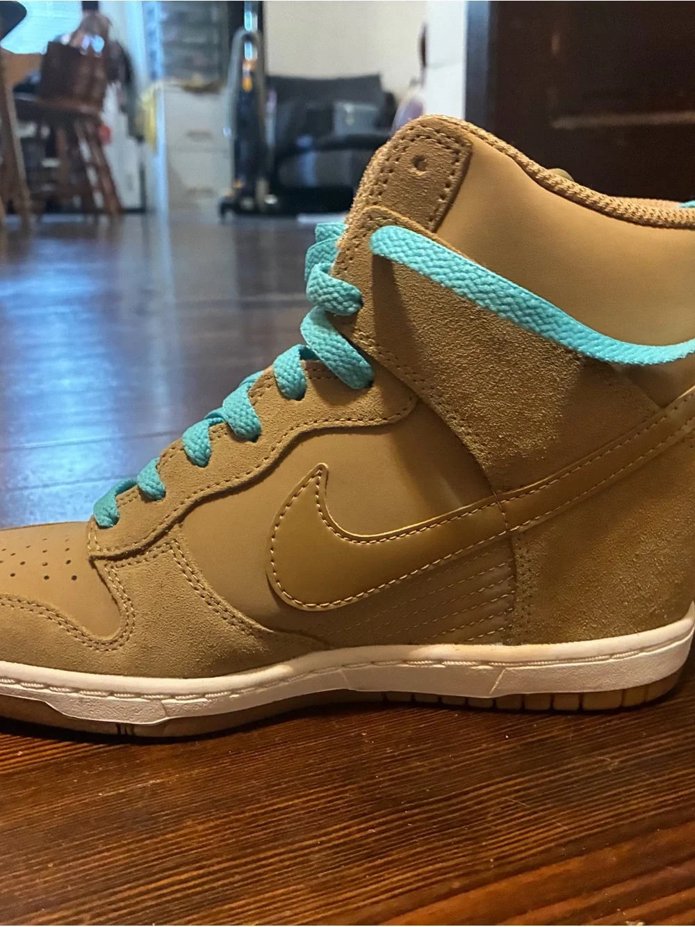 Nike Women’s High-Top Sneakers in Tan with Turquoise Laces